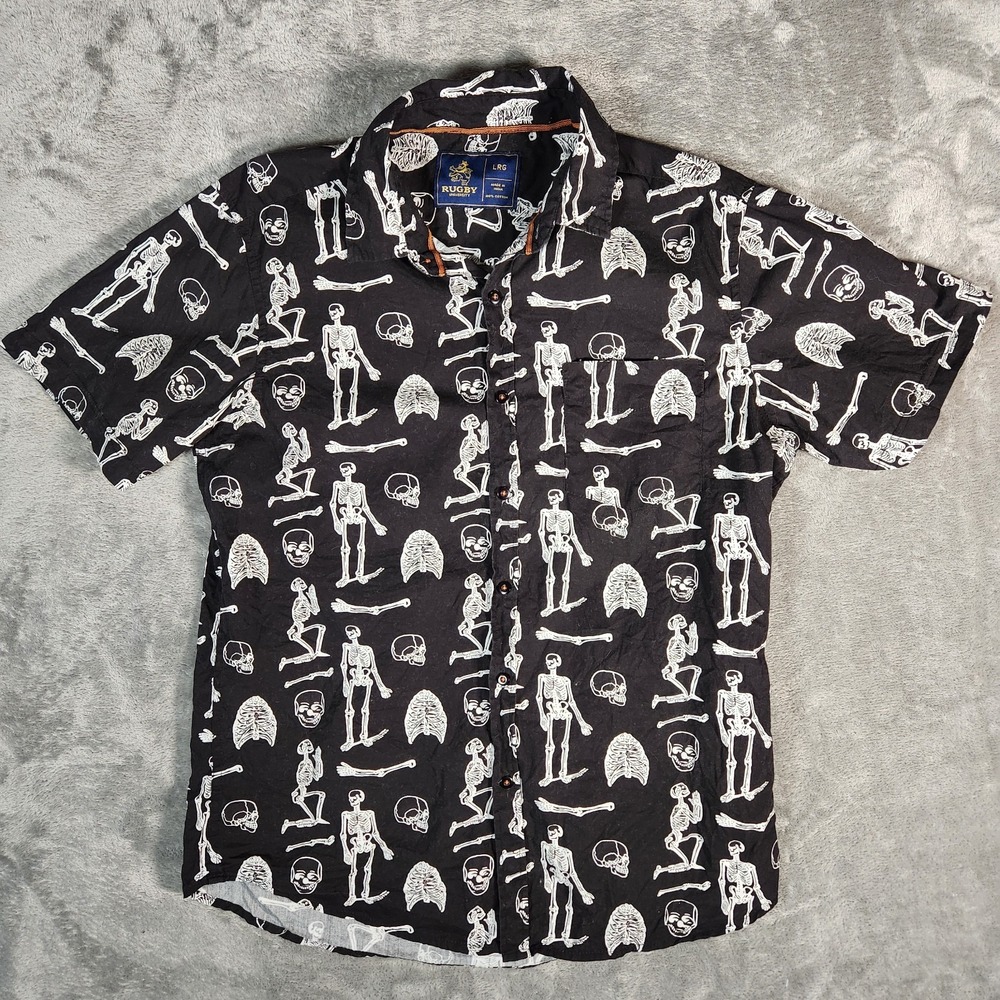 Rugby University‎ Skull All Over Button Down Shirt Black Mens Size Large